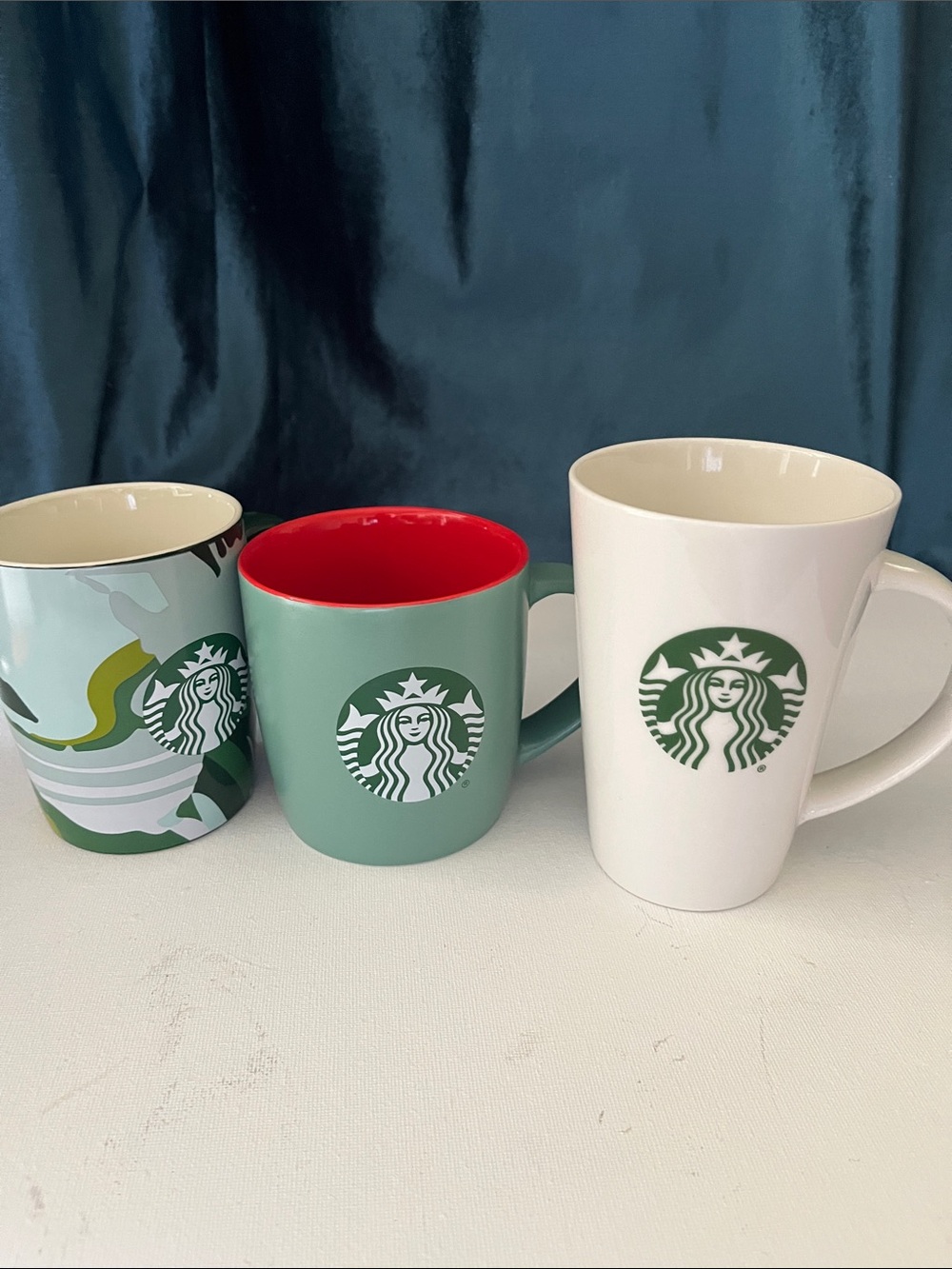 Starbucks Ceramic Mugs Set - Sage Green, Red Interior & White